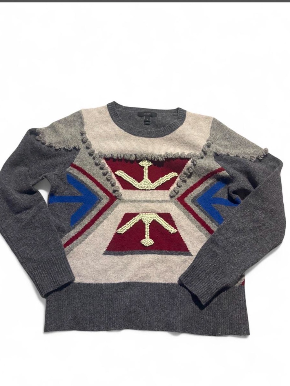 J crew wool Womens Geometric Pattern Crewneck Sweater - Gray, Burgundy & Blue